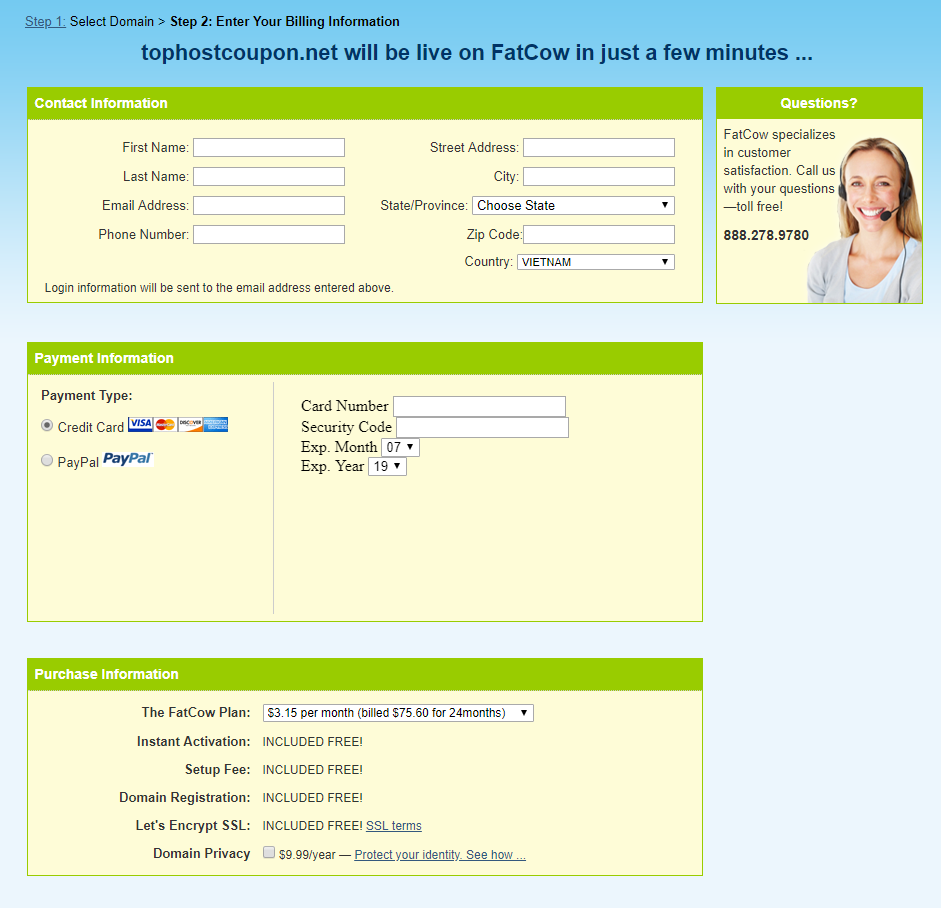 Step 2 register hosting at fatcow