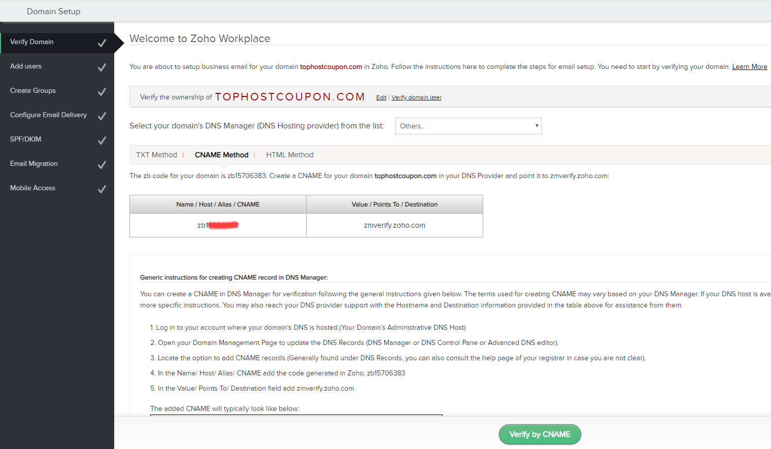 zoho verify domain cname