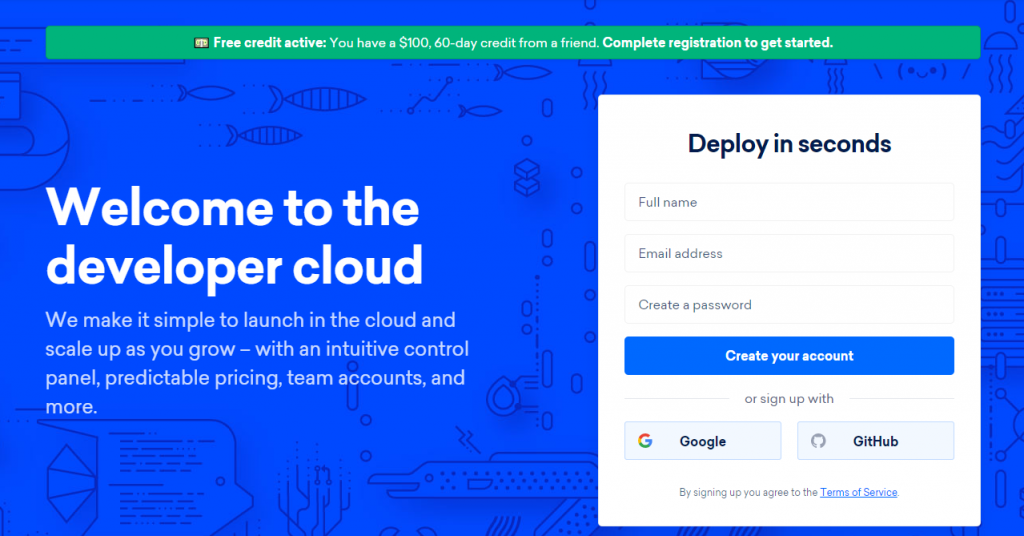 Get free 100 credit at DigitalOcean for free trial all new account