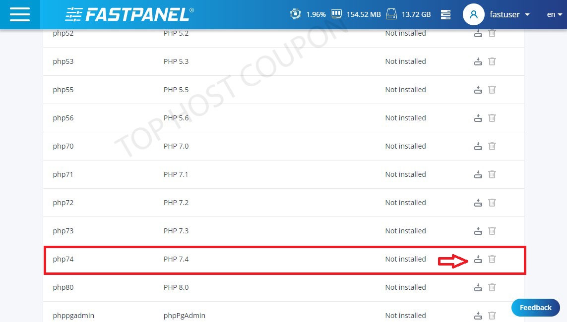 Choose PHP version to install FastPanel