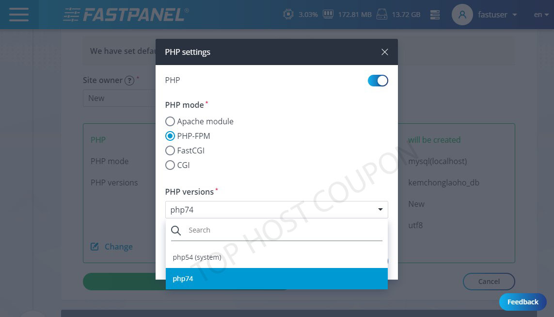 Choose PHP 7.4 FastPanel