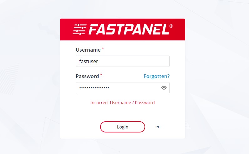 FastPanel Incorrect Password